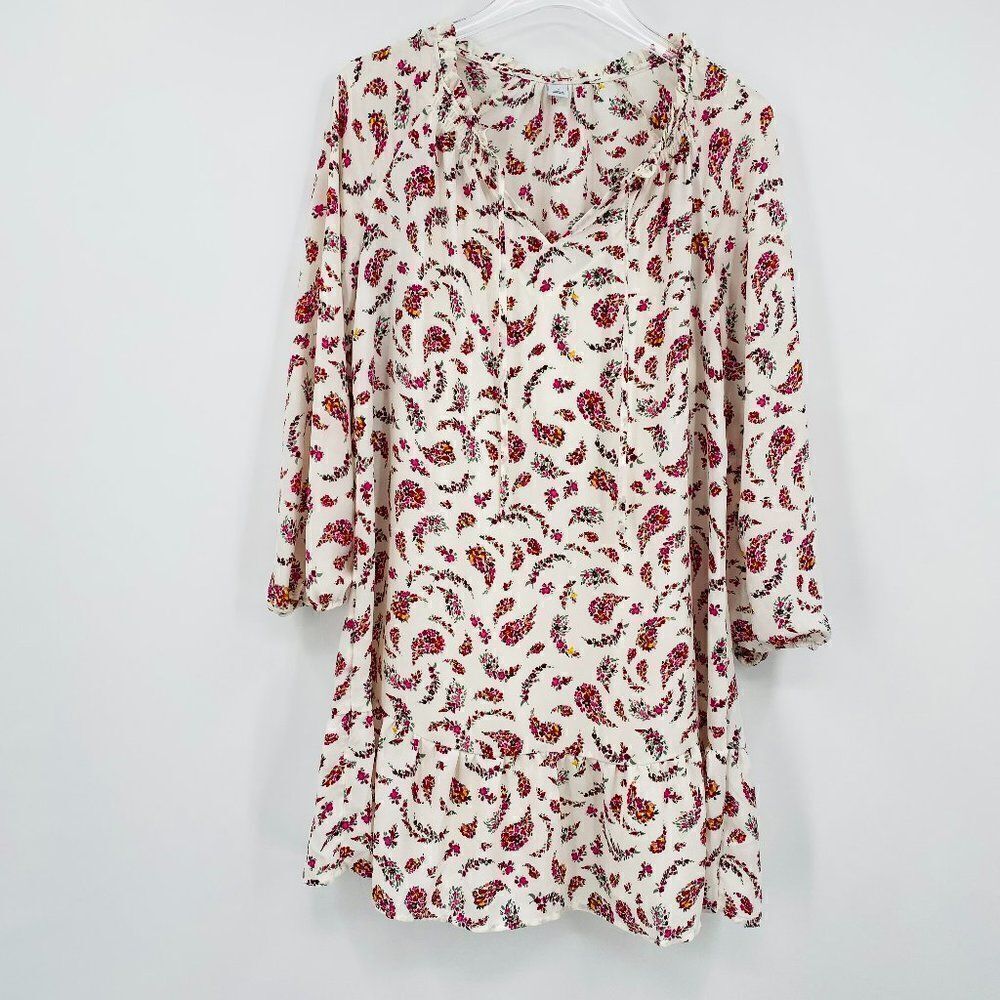 Old Navy Size Small Long Sleeve Tie Neck Cream & Pink Floral Paisley Midi Dress
